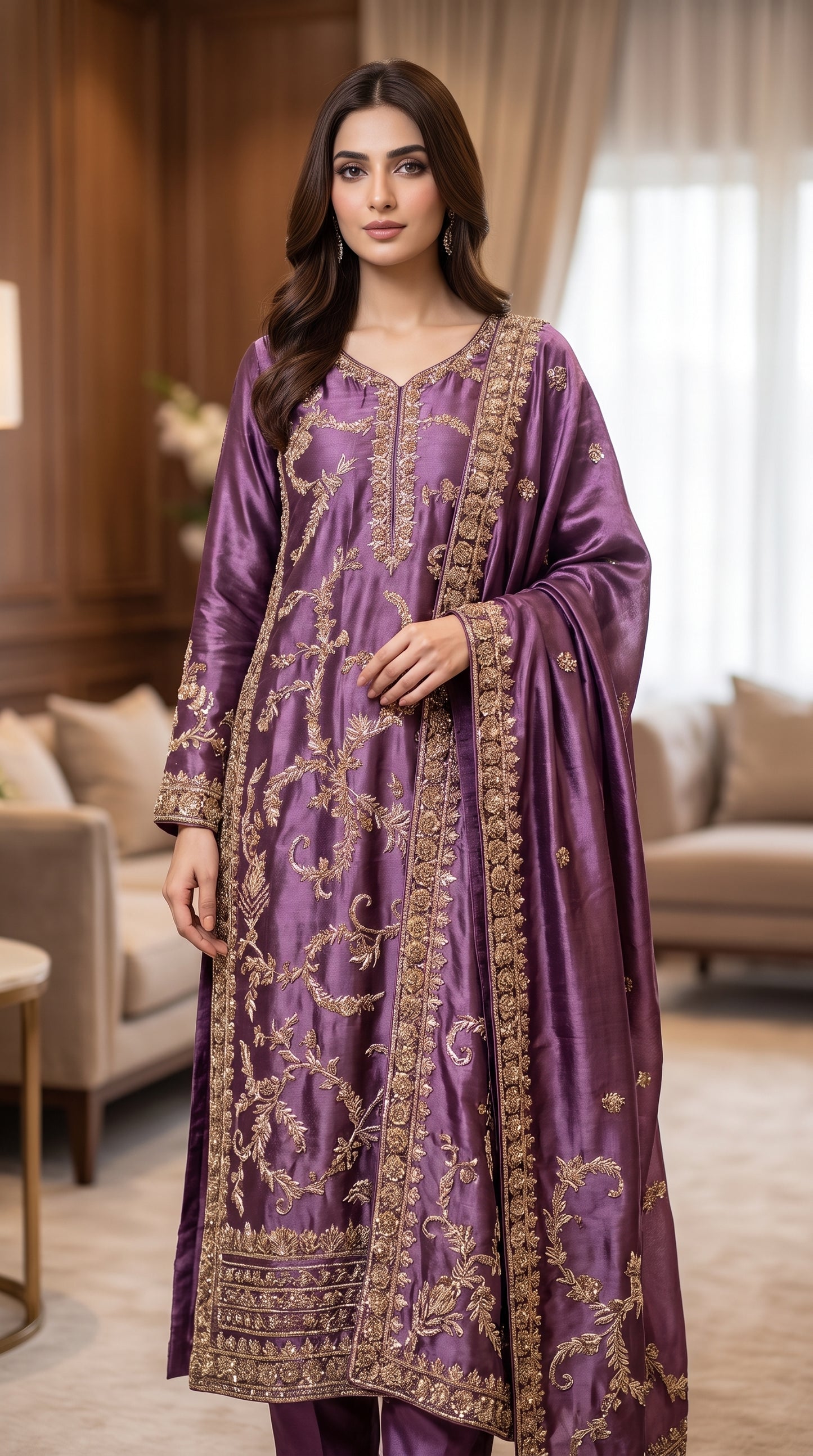 Pure Tussar Silk Hand-Embroidered Suit - Antique Dabka Work