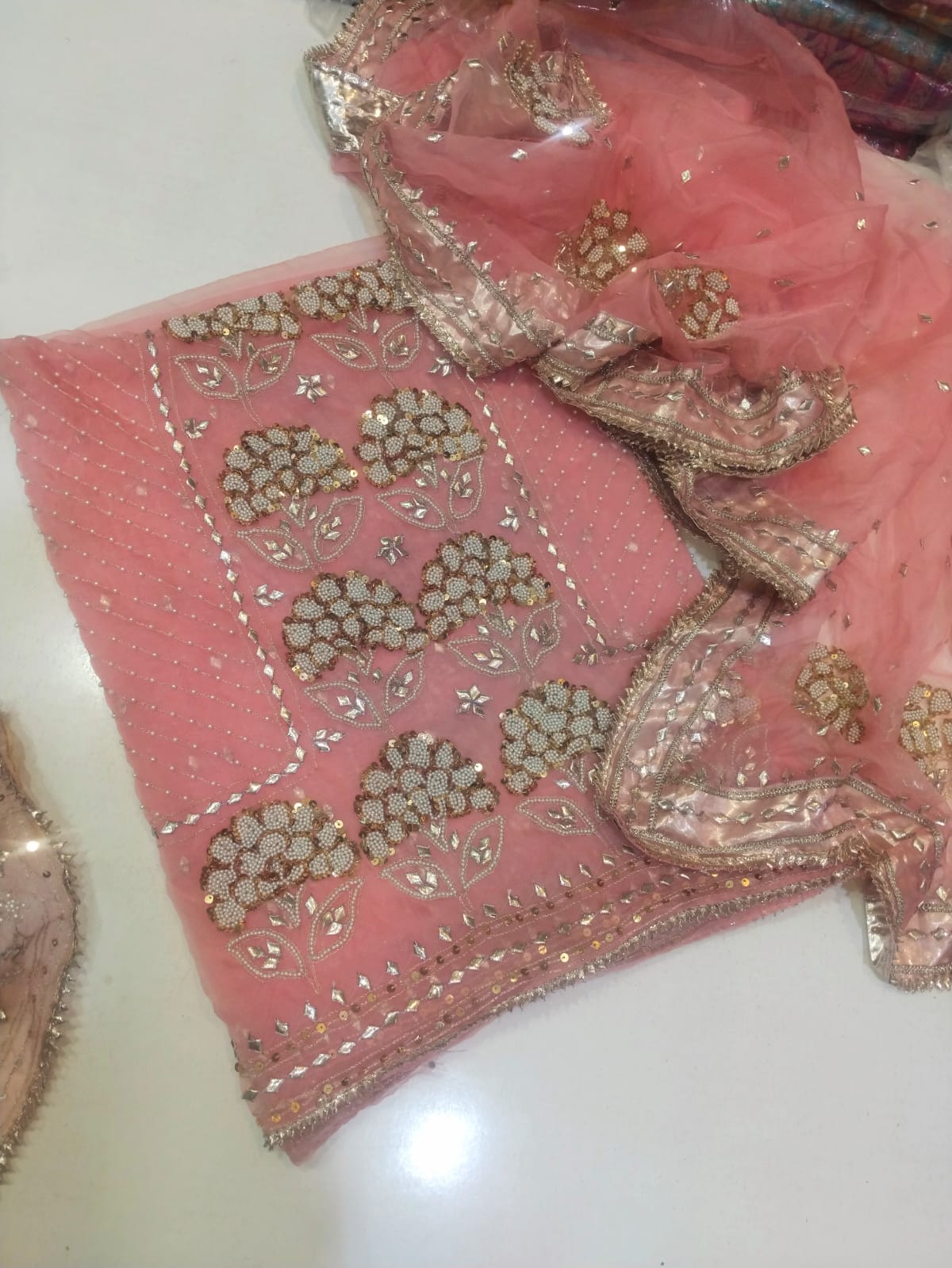 Pure Organza Rose Gold Gota & Cut Moti 2pc Suit