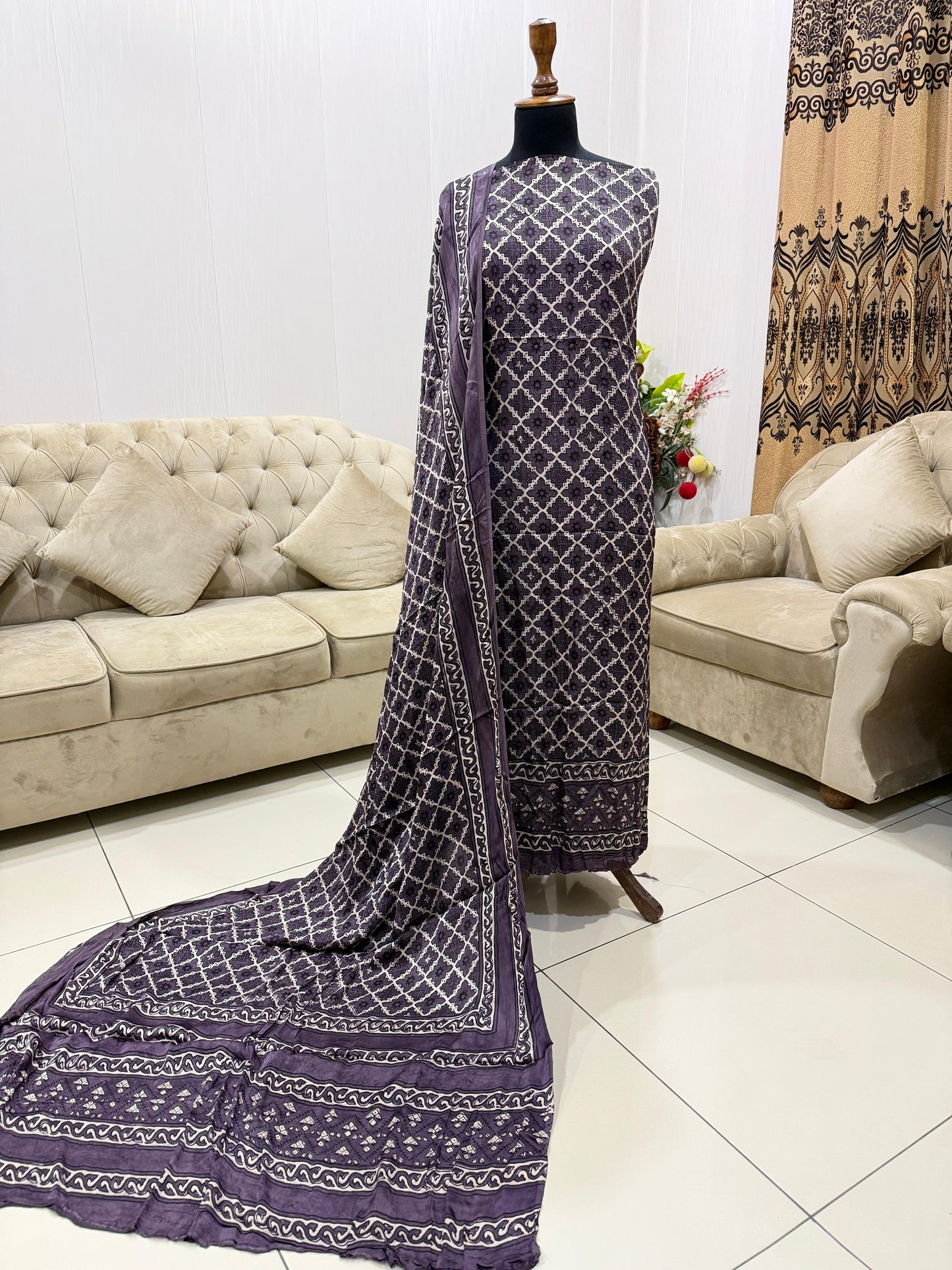 Pure Shamoz Silk Block Print & Chunri Print Wedding Wear Suit | 3-Yards Shirt & Dupatta