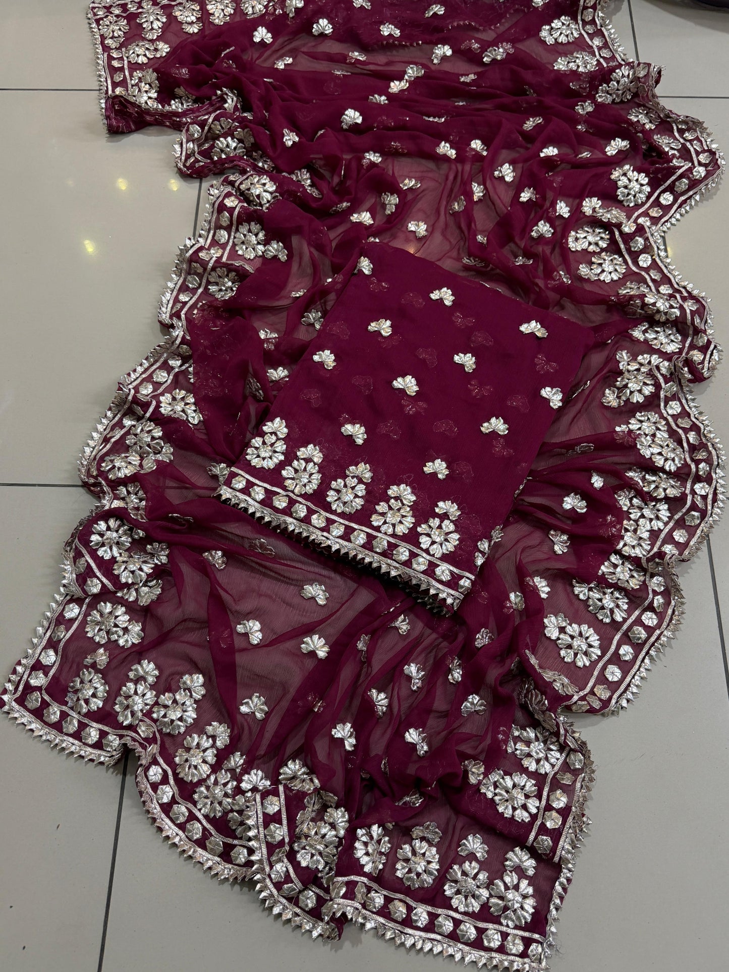 Handmade LCD Gotta Work Soft Bamber Chiffon Shirt & Dupatta | Dual-Sided Embroidery