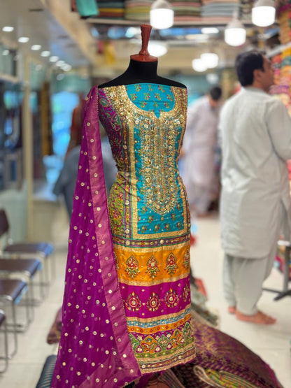 Heavy Embroidered Pure Silk Shirt with Gotta, Mirror & Sequence Work | 3-Piece Unstitched Suit
