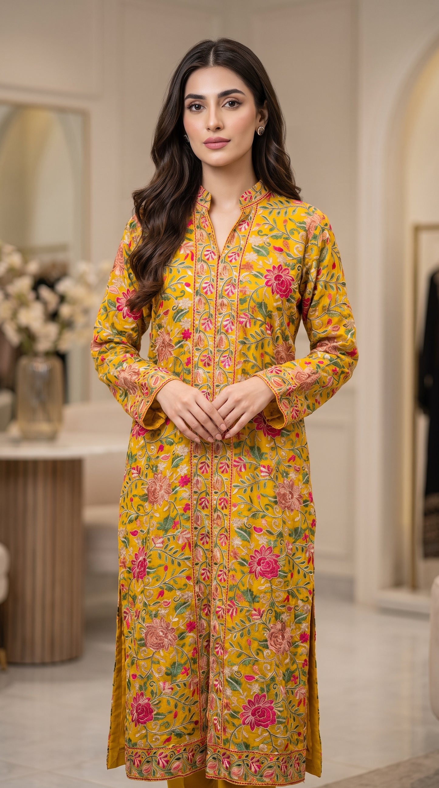 Elegant Gulabkari Chiffon Kaftan with Lining | Fully Embroidered Both Sides