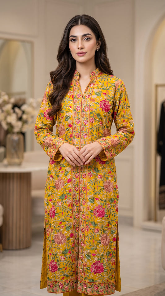 Elegant Gulabkari Chiffon Kaftan with Lining | Fully Embroidered Both Sides