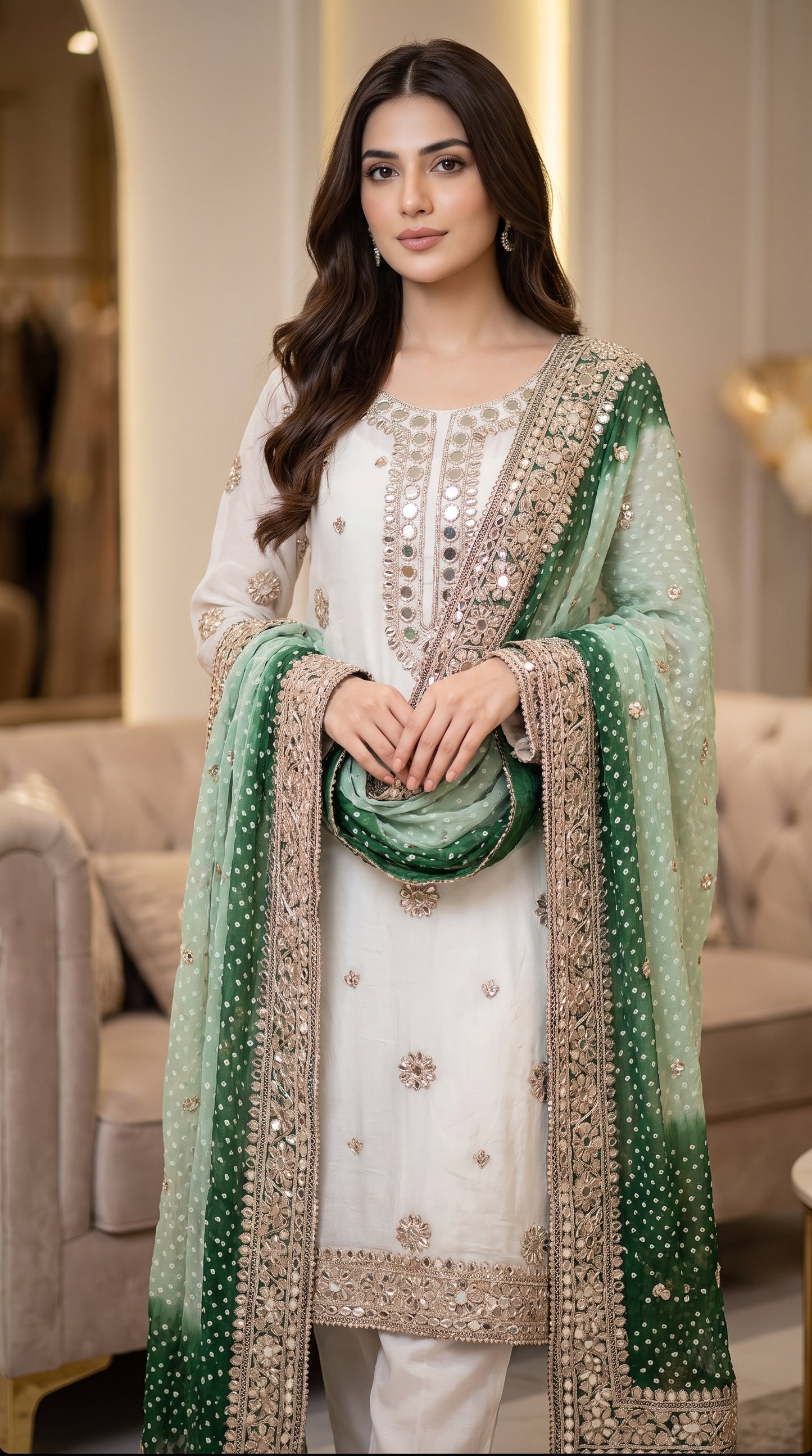 Hand-Embroidered Chunri Mirror & Gotta Jaal Bamber Chiffon Shirt & Dupatta