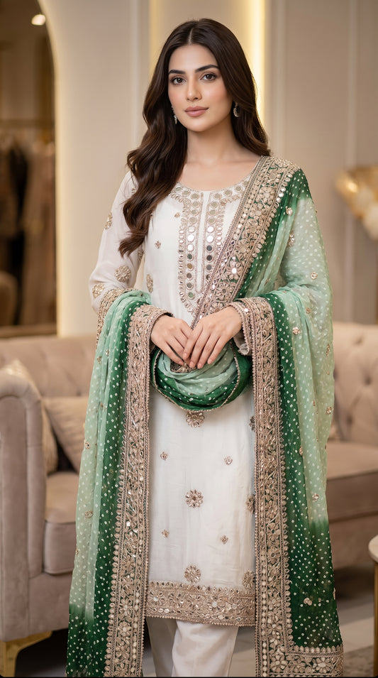 Hand-Embroidered Chunri Mirror & Gotta Jaal Bamber Chiffon Shirt & Dupatta
