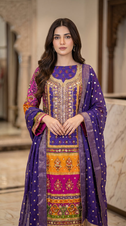 Heavy Embroidered Pure Silk Shirt with Gotta, Mirror & Sequence Work | 3-Piece Unstitched Suit