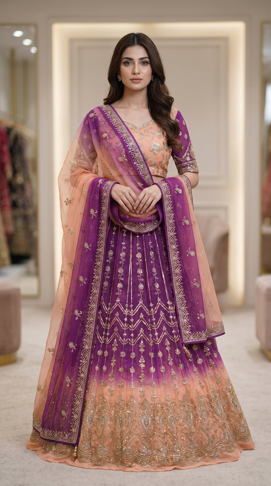 Tie & Dye Chiffon Lehenga Set with Katori Sequence Work & Heavy Choli | 3-Piece Unstitched