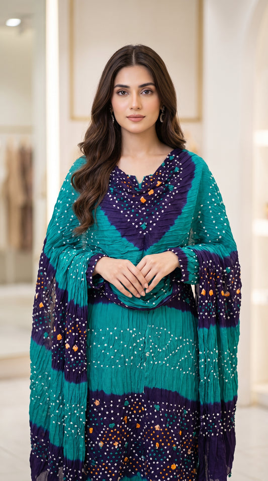 Handmade Rajasthani Chunri Chiffon Shirt & Dupatta with Linen Chunri Trouser | 4-Piece Suit