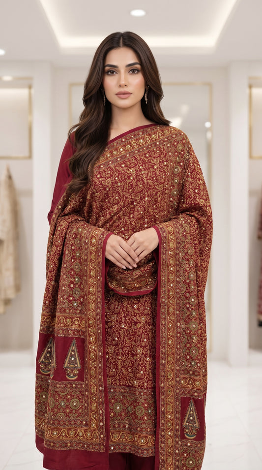 Handmade Ajrak & Kamdani Mukesh Work Traditional 3-Piece Festive Dress | New Arrival