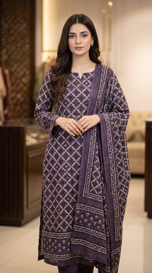 Pure Shamoz Silk Block Print & Chunri Print Wedding Wear Suit | 3-Yards Shirt & Dupatta