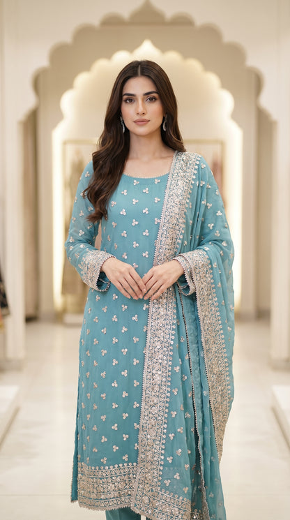 Handmade LCD Gotta Work Soft Bamber Chiffon Shirt & Dupatta | Dual-Sided Embroidery
