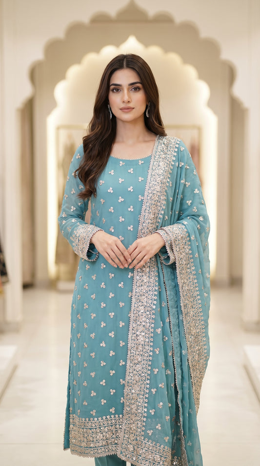 Handmade LCD Gotta Work Soft Bamber Chiffon Shirt & Dupatta | Dual-Sided Embroidery