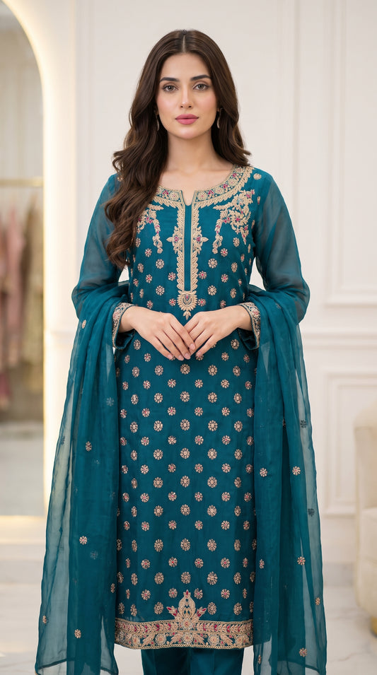 Embroidered Sheesha Silk 3PC Suit with Dupatta