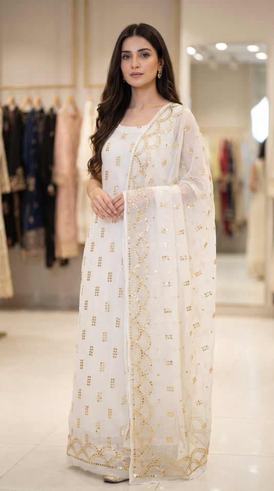 Pure China Crinkle Golden Mukesh & Baton Dana Suit
