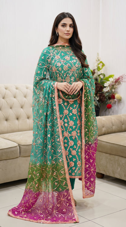 Handcrafted Pure Chiffon Gotta Work 2-Piece Suit | Heavy Jaal Shirt & Dupatta