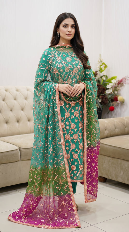 Handcrafted Pure Chiffon Gotta Work 2-Piece Suit | Heavy Jaal Shirt & Dupatta
