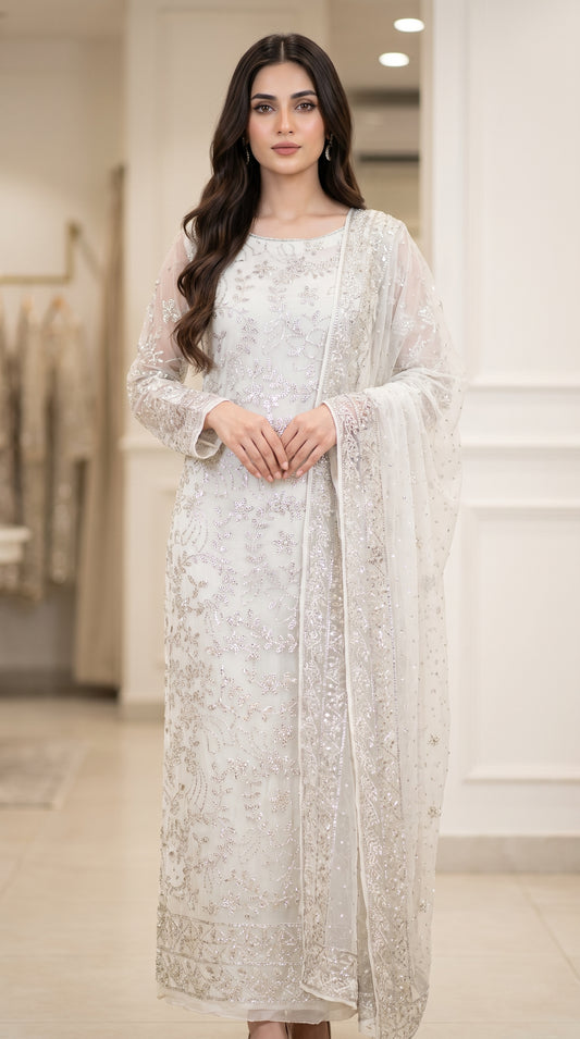 Pure White Silver Mukesh & Chandi Patti Barfi Style Chiffon Suit | Heavy 4-Sided Dupatta
