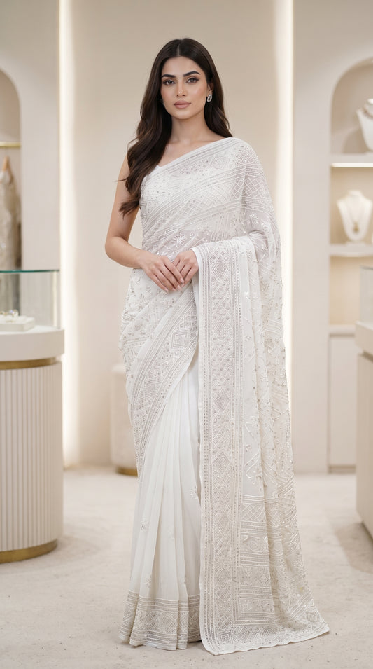 Pure China Crinkle Chiffon Saree | R-Mukesh, Thread Aari & Pure White Silver Mukesh Work (7 Gaz)