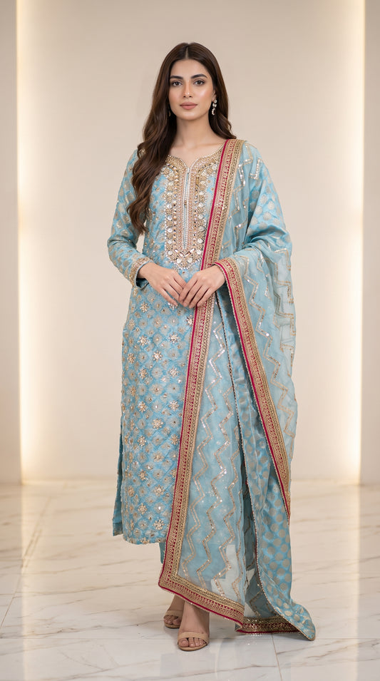 Latest Jamawar 3-Piece Suit with Hand Embroidery | Unstitched