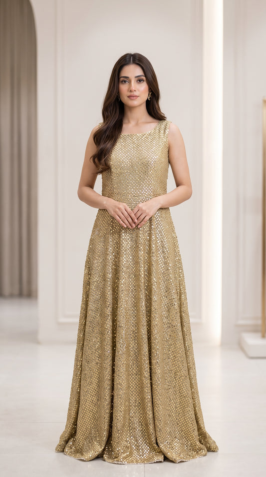 Pure China Karinkal Heavy Mukesh Frock – New Arrival with Computer Tila Zari & Quarter Baton Check Work