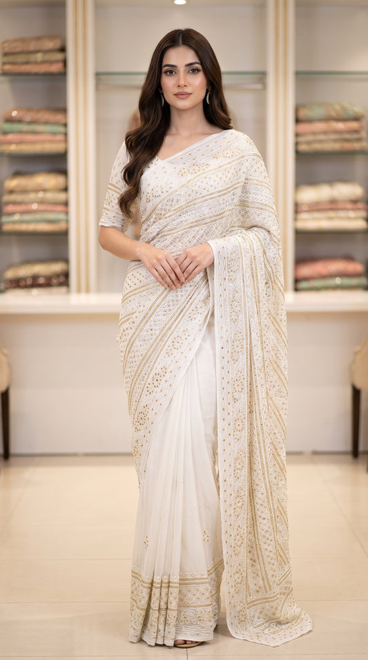 New Arrival Pure China Karinkal Saree – R-Mukesh, Thread Ari & Golden Mukesh Work (7 Gaz Length)