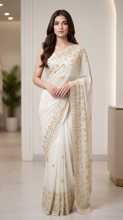 New Arrival Pure China Karinkal Saree with Blouse – Golden Mukesh & Chandi Patti Dana Work (8.5 Gaz Total)