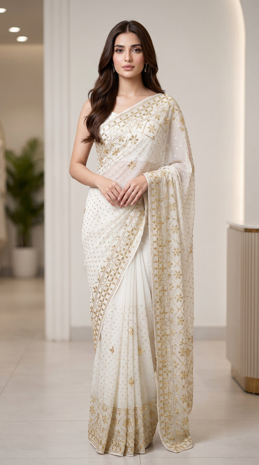 New Arrival Pure China Karinkal Saree with Blouse – Golden Mukesh & Chandi Patti Dana Work (8.5 Gaz Total)