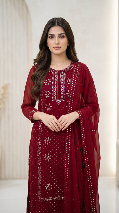 Pure Chiffon Handcrafted Mukesh & Kamdani Jaal Work Shirt with Four-Side Border Dupatta