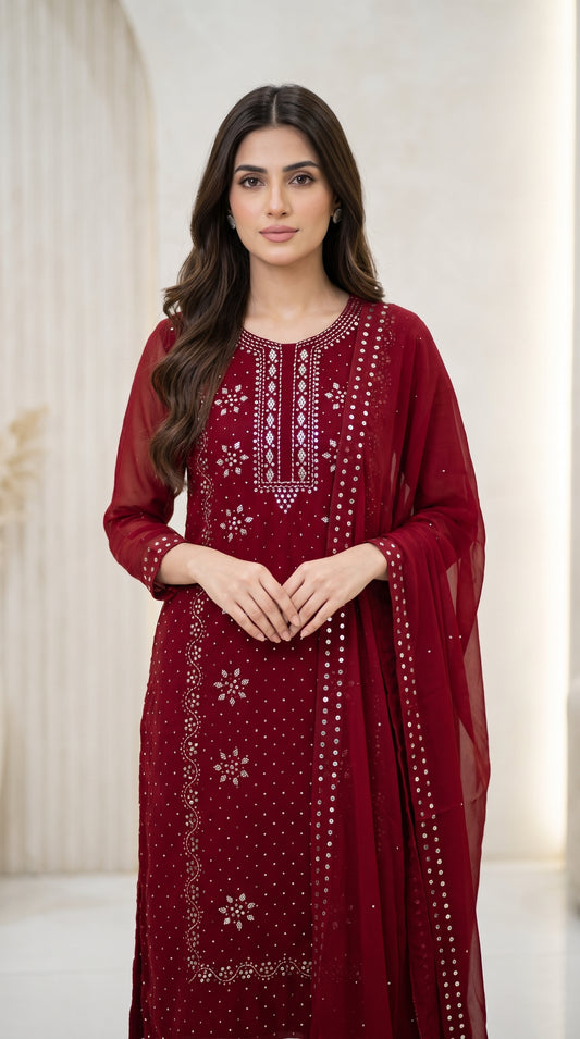 Pure Chiffon Handcrafted Mukesh & Kamdani Jaal Work Shirt with Four-Side Border Dupatta