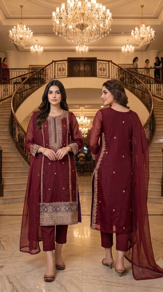 Elegant Sheesha Silk Embroidered Suit with Chiffon Silk Dupatta – 3 Piece Unstitched