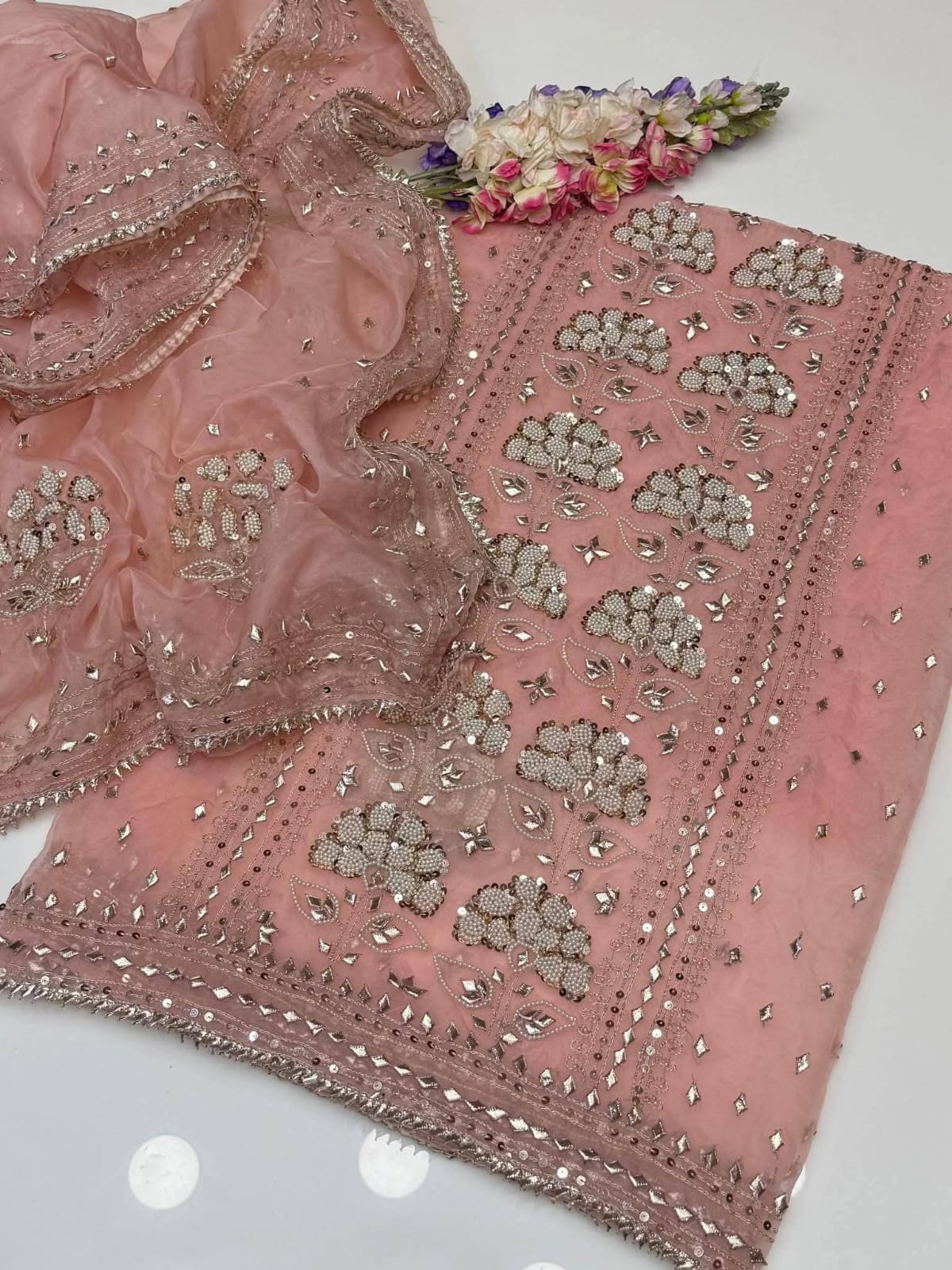 Pure Organza Rose Gold Gota & Cut Moti 2pc Suit
