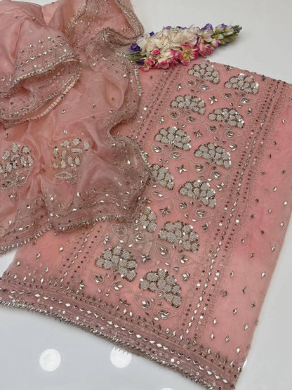 Pure Organza Rose Gold Gota & Cut Moti 2pc Suit