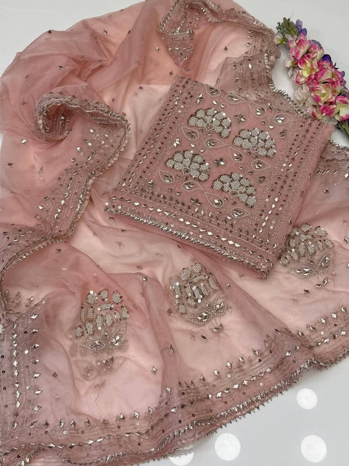 Pure Organza Rose Gold Gota & Cut Moti 2pc Suit
