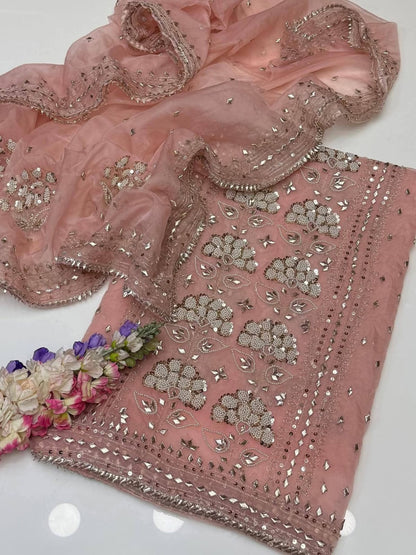 Pure Organza Rose Gold Gota & Cut Moti 2pc Suit