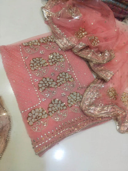 Pure Organza Rose Gold Gota & Cut Moti 2pc Suit