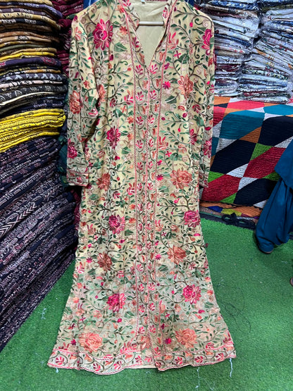 Elegant Gulabkari Chiffon Kaftan with Lining | Fully Embroidered Both Sides