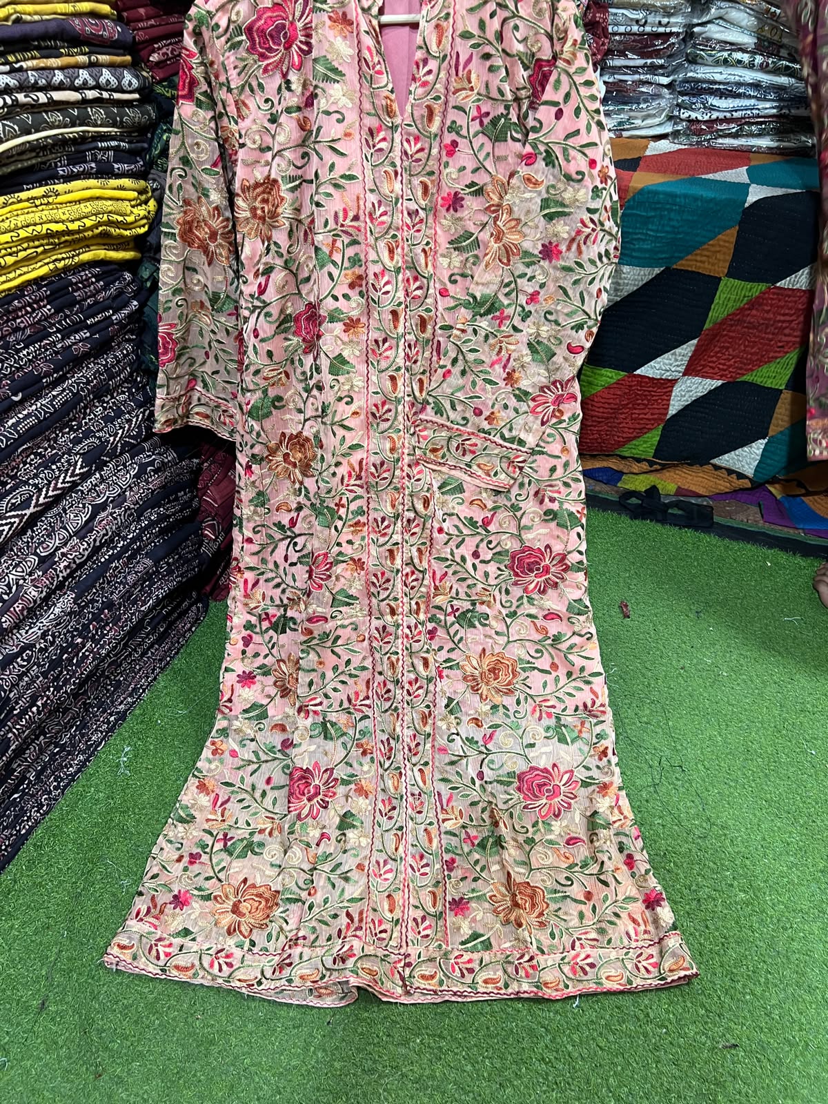 Elegant Gulabkari Chiffon Kaftan with Lining | Fully Embroidered Both Sides