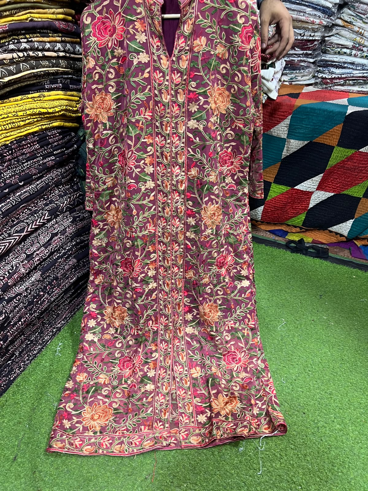 Elegant Gulabkari Chiffon Kaftan with Lining | Fully Embroidered Both Sides