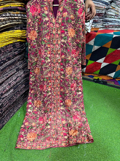Elegant Gulabkari Chiffon Kaftan with Lining | Fully Embroidered Both Sides