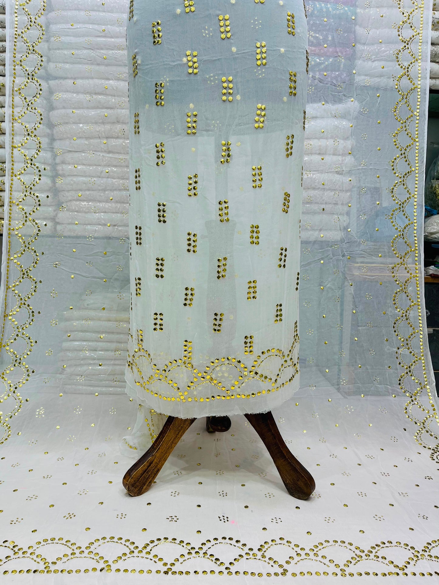 Pure China Crinkle Golden Mukesh & Baton Dana Suit