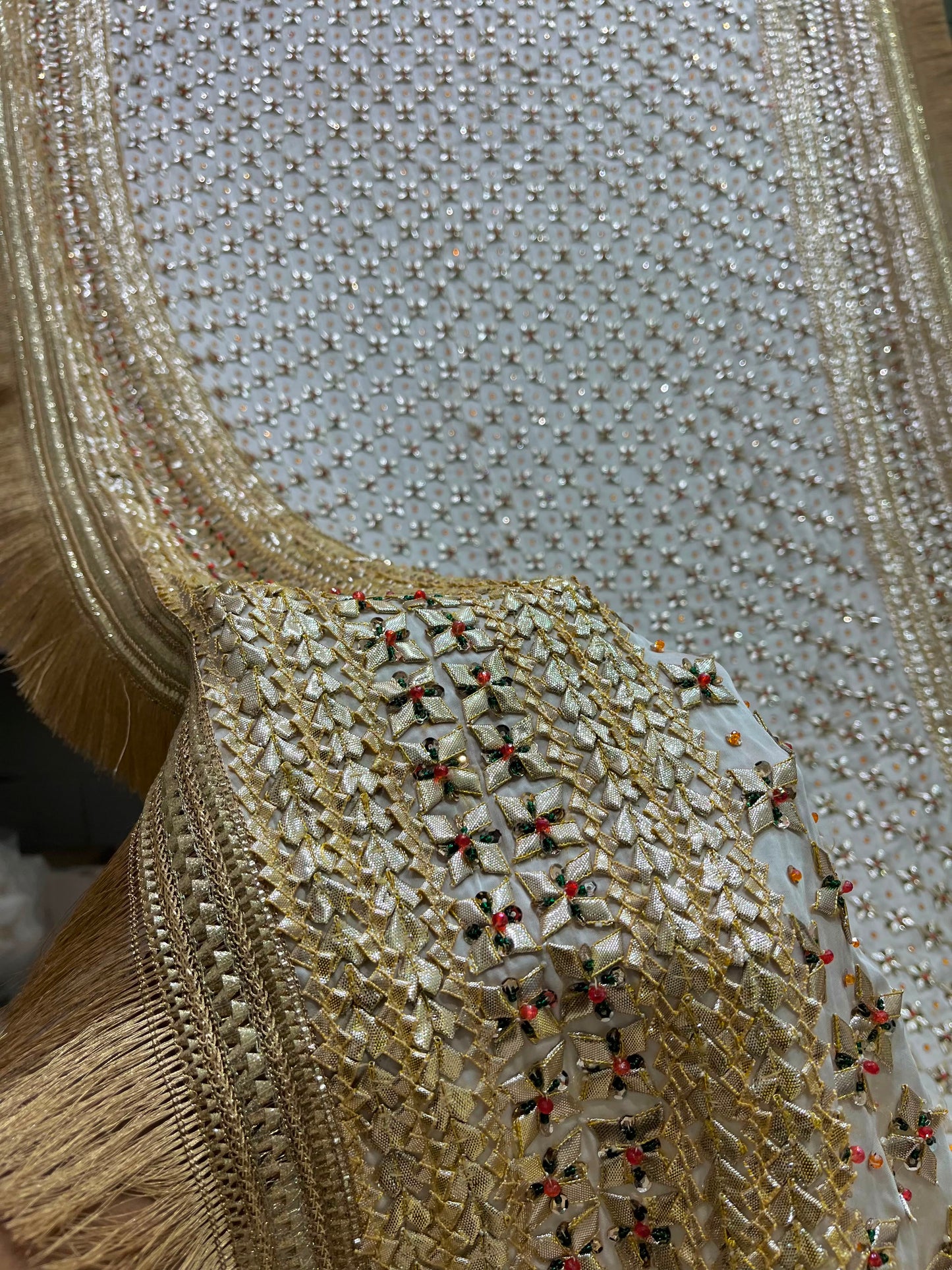 Handmade Tilla Gotta Pearls Gajji Silk Dupatta