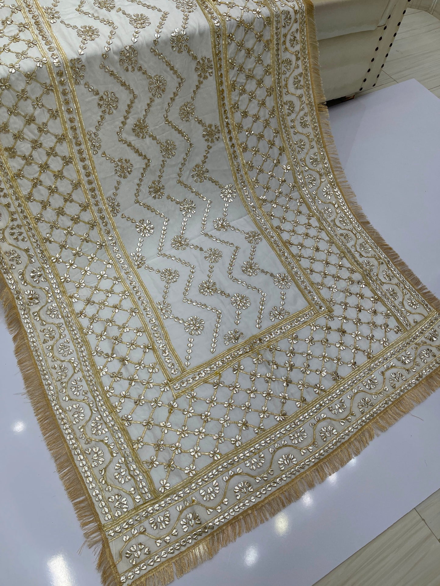 Handcrafted Tamba Tilla & Gotta Jaal Pure Samooz Silk Shawl | Dyeable New Design