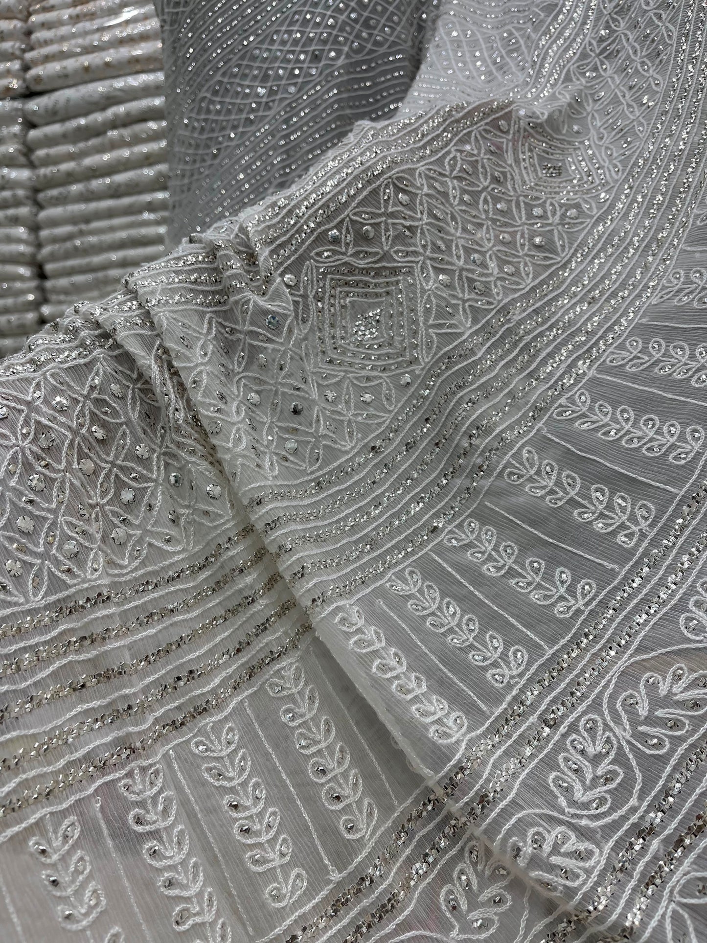 Pure China Crinkle Chiffon Saree | R-Mukesh, Thread Aari & Pure White Silver Mukesh Work (7 Gaz)