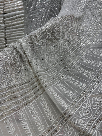 Pure China Crinkle Chiffon Saree | R-Mukesh, Thread Aari & Pure White Silver Mukesh Work (7 Gaz)