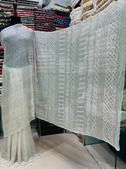 Pure China Crinkle Chiffon Saree | R-Mukesh, Thread Aari & Pure White Silver Mukesh Work (7 Gaz)