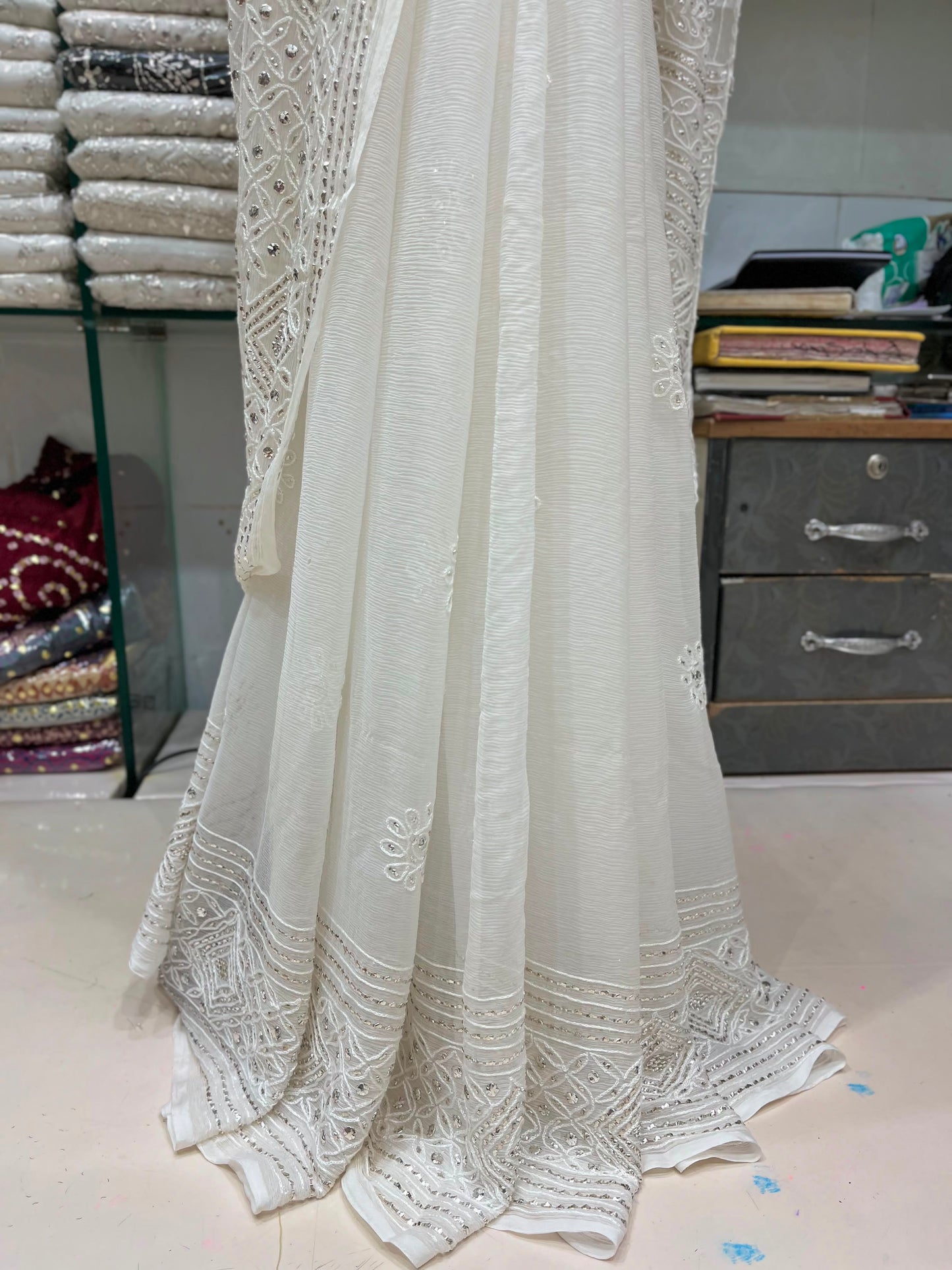 Pure China Crinkle Chiffon Saree | R-Mukesh, Thread Aari & Pure White Silver Mukesh Work (7 Gaz)