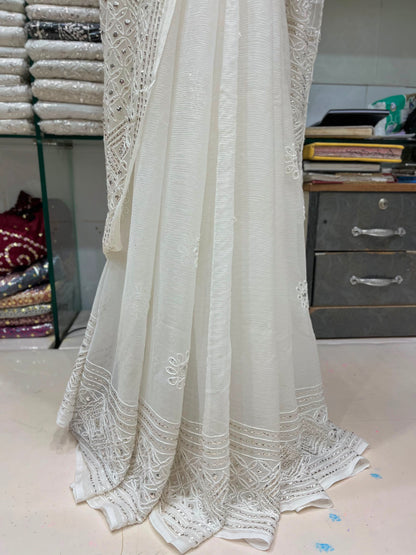 Pure China Crinkle Chiffon Saree | R-Mukesh, Thread Aari & Pure White Silver Mukesh Work (7 Gaz)