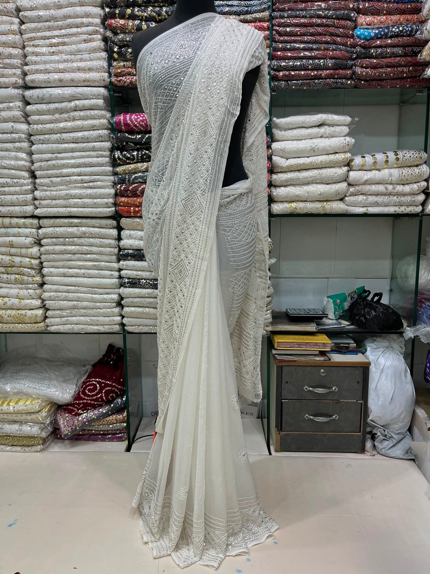 Pure China Crinkle Chiffon Saree | R-Mukesh, Thread Aari & Pure White Silver Mukesh Work (7 Gaz)