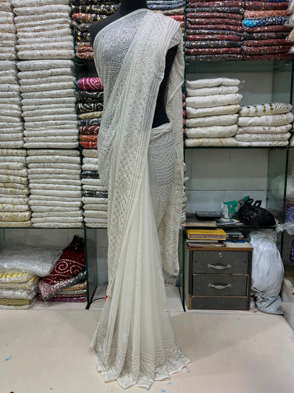 Pure China Crinkle Chiffon Saree | R-Mukesh, Thread Aari & Pure White Silver Mukesh Work (7 Gaz)