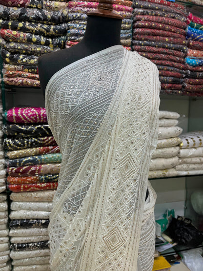 Pure China Crinkle Chiffon Saree | R-Mukesh, Thread Aari & Pure White Silver Mukesh Work (7 Gaz)